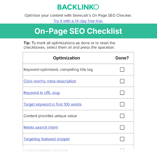 On page SEO checklist